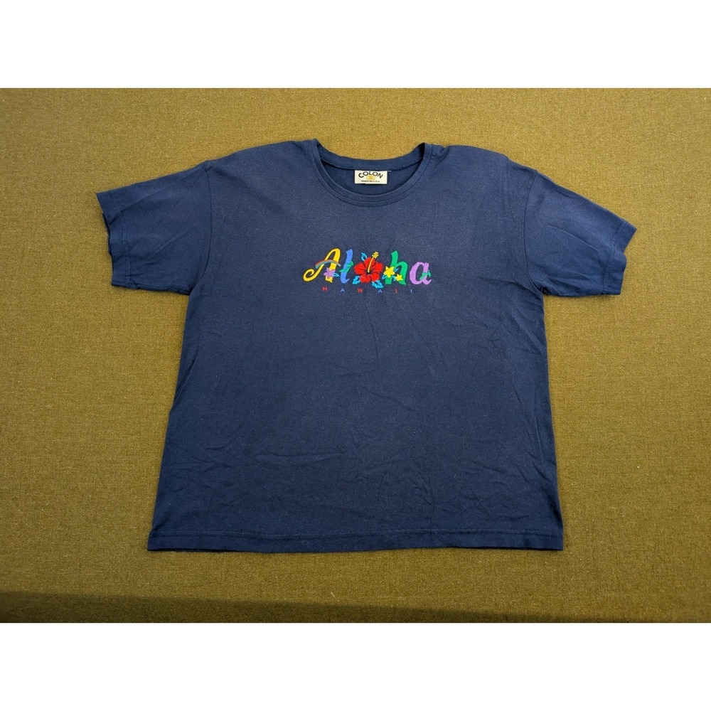 Vintage Womens Hawaii Aloha Embroidered Navy T-Shirt Size Large Shoulder Pads